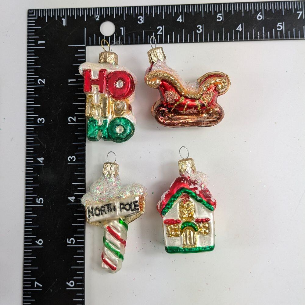 4 Mouth Blown Christmas Ornaments 2.5" Sleigh North Pole Cottage Santa Holiday - Picture 15 of 15